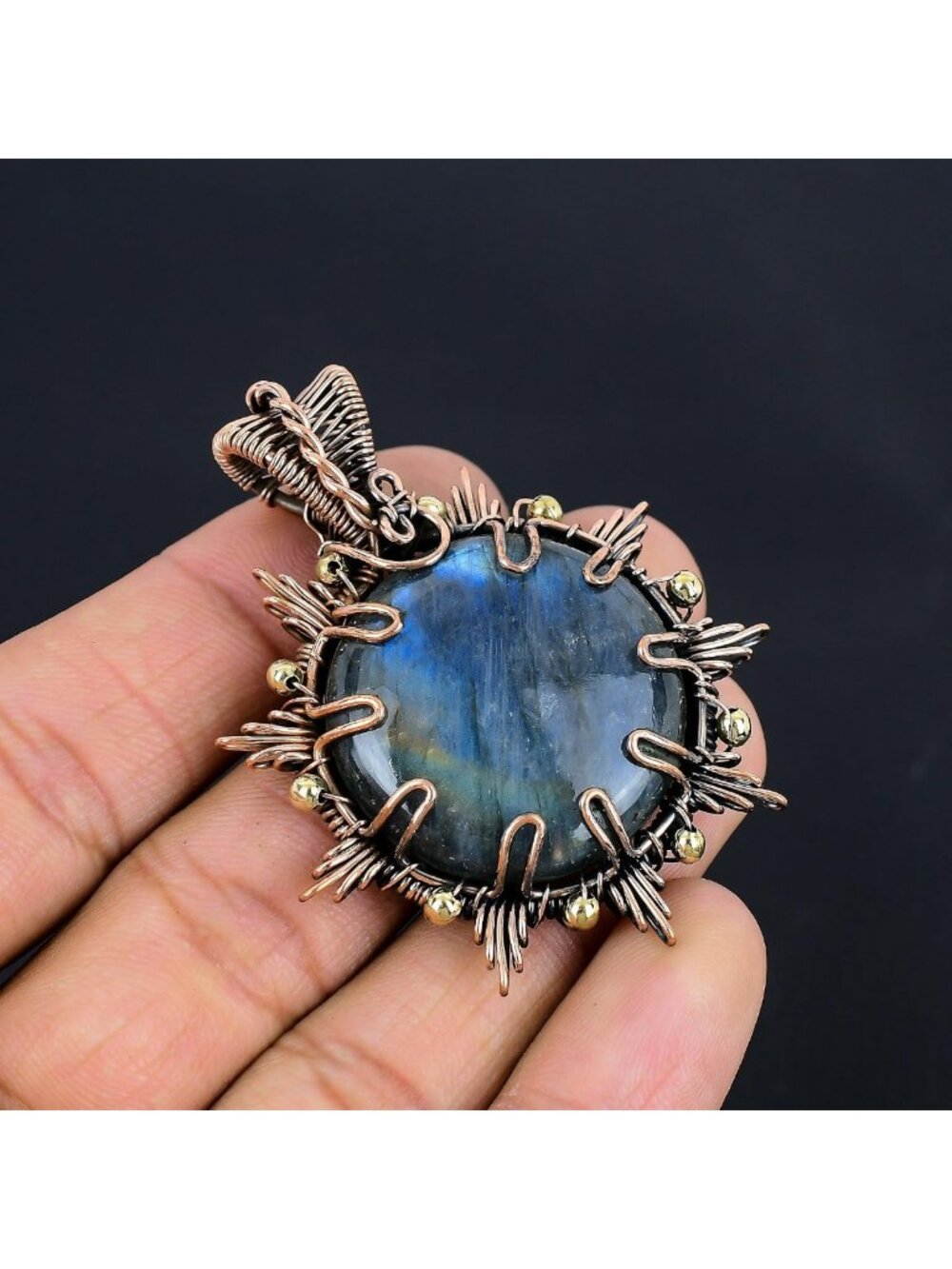 Handmade Blue Flashy Labradorite Pendant Necklace, Copper Wire Wrapped Jewelry - Picture 6 of 7